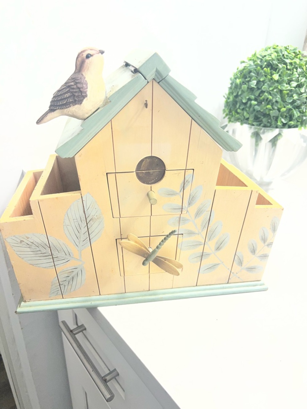 Wooden Birdhouse Organizer with Dragonfly Accent - Yellow & Green